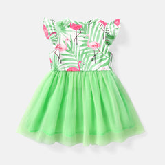 Baby Girl Naia™ Flamingo Print Bow Front Flutter-sleeve Mesh Panel Fairy Dress - 12-18 Months, Light Green