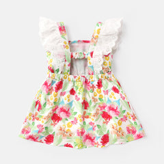 Baby Girl Floral Print Ruffled Bowknot Design Flutter-sleeve Dress - 9-12 Months, ColorBlock