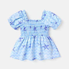 Baby Girl Allover Starfish Print Blue Puff-sleeve Shirred Dress - 12-18 Months, Blue
