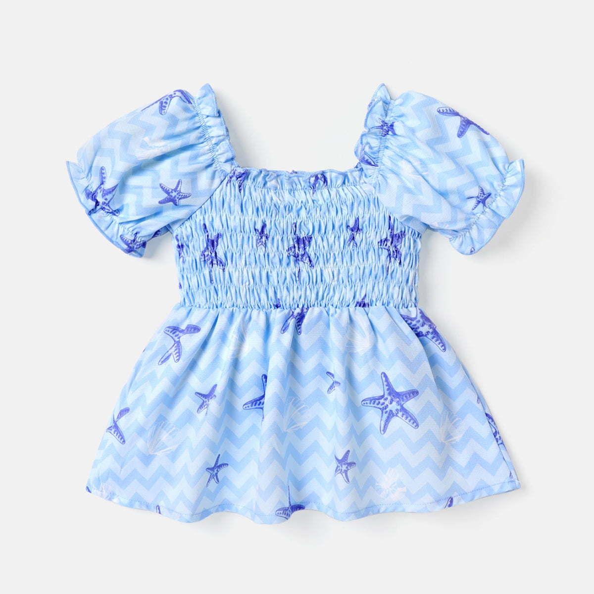 Baby Girl Allover Starfish Print Blue Puff-sleeve Shirred Dress - 18-24 Months, Blue