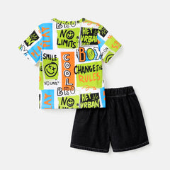 2pcs Toddler Boy Graffiti Print Short-sleeve Tee and Ripped Denim Shorts Set - 3 Years, Colorful