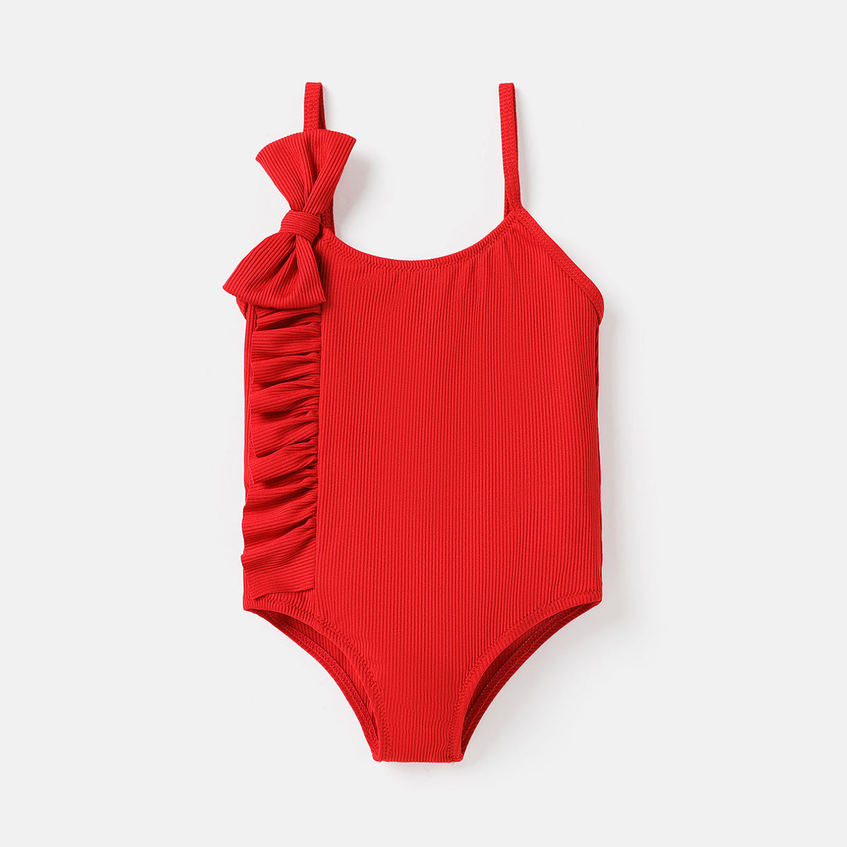 Baby Girl Solid Ruffle Trim Bow Decor One Piece Cami Swimsuit - Red, 9-12 Months