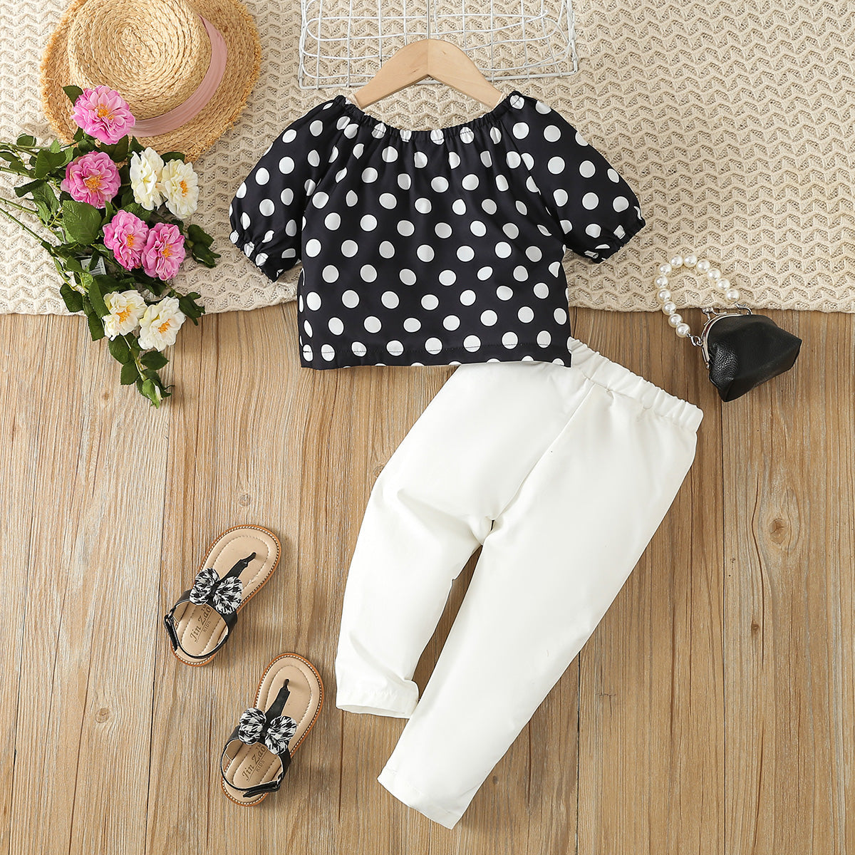 2pcs Toddler Girl Trendy Polka Dots Short-sleeve Top and White Pants Set - 3-4 Years, Black