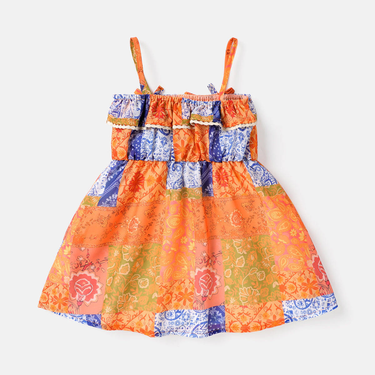 Baby Girl Patchwork Print Ruffle Trim Cami Dress - 12-18 Months, Multicolor