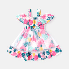 Baby Girl Allover Plant Print Cold Shoulder Sleeveless Ruffled Mesh Dress - 18-24 Months, Pink