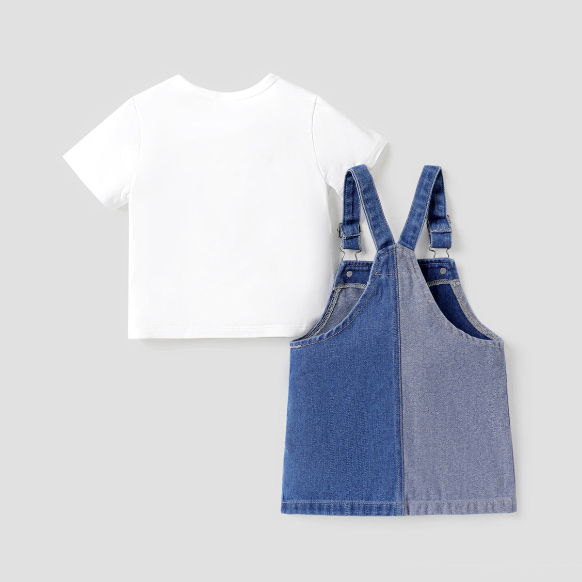 2pcs Baby Girl Cotton Letter Print Short-sleeve Tee and Colorblock Denim Overall Dress Set - 3-6 Months, DENIMBLUE