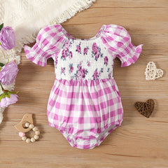 Baby Girl Plaid Puff-sleeve Spliced Floral Print Shirred Romper - Pink, 9-12 Months