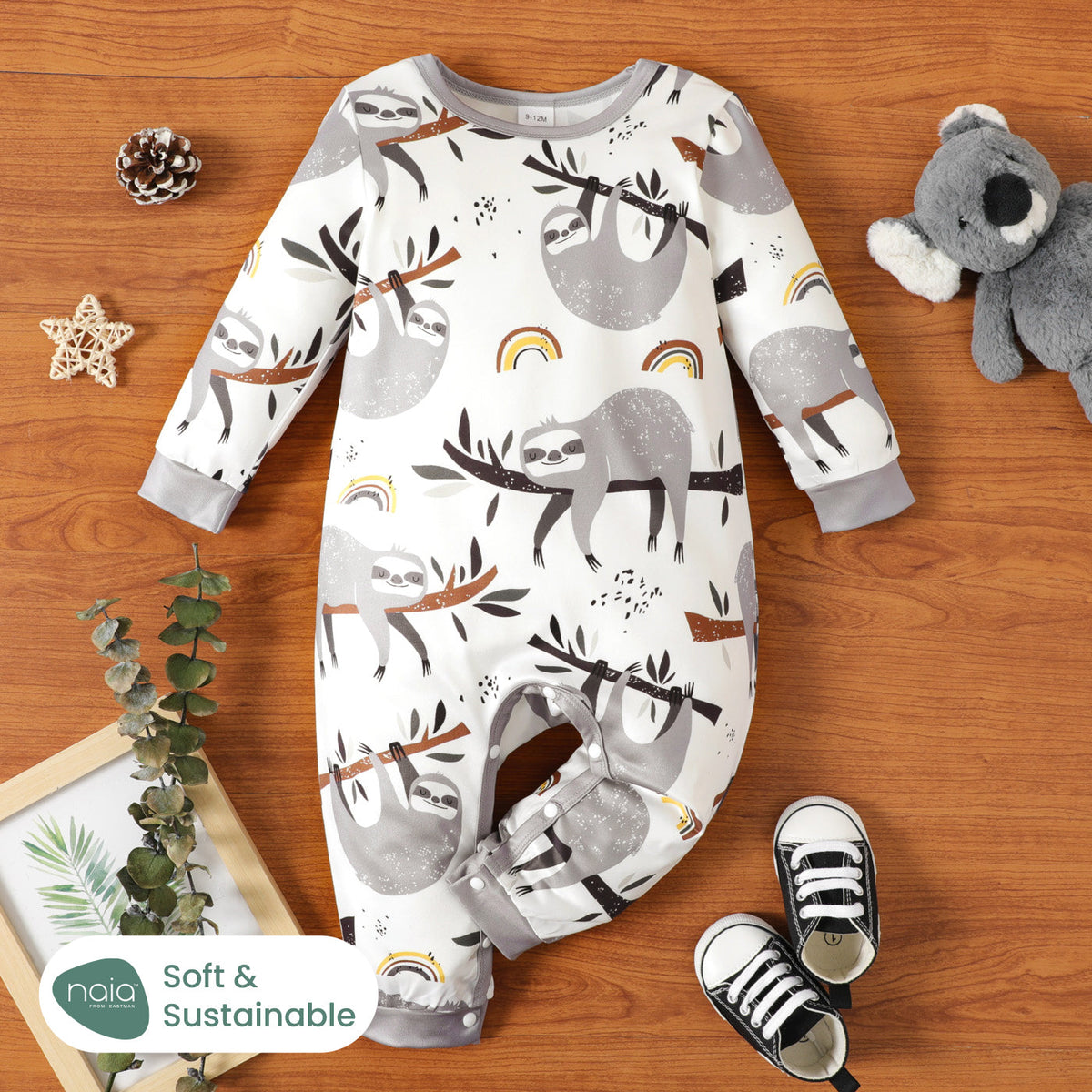 Naia™ Baby Boy Allover Sloth Print Long-sleeve Jumpsuit - Light Grey, 6-9 Months