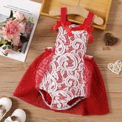 Baby Girl 95% Cotton Lace Textured Sleeveless Mesh Party Dress Romper - Red, 18-24 Months