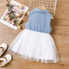 Toddler Girl Denim Mesh Splice Lapel Collar Sleeveless Dress - 3 Years, BLUEWHITE