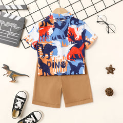 2Pcs Toddler Boy Dinosaur Print Short-sleeve Shirt and Shorts Set - 3 Years, Colorful
