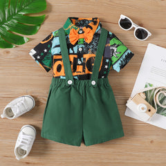2pcs Baby Boy 100% Cotton Suspender Shorts and Allover Print Bow Tie Decor Short-sleeve Romper Set - 6-9 Months, Green