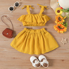 2pcs Baby Girl Solid Swiss Dot Ruffled Sleeveless Top & Skirt Set - 3-6 Months, Yellow