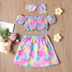 3Pcs Toddler Girl Headband & Colorful Butterfly Print Off-Shoulder Top and Skirt Set - 3-4 Years, Colorful