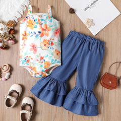Naia™ 2pcs Baby Girl 100% Cotton Flared Pants Allover Floral Print Cami Romper Set - 3-6 Months, Colorful