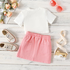 2Pcs Toddler Girl Solid Ribbed Cotton Top and Skirt Set - 5-6 Years, PinkyWhite