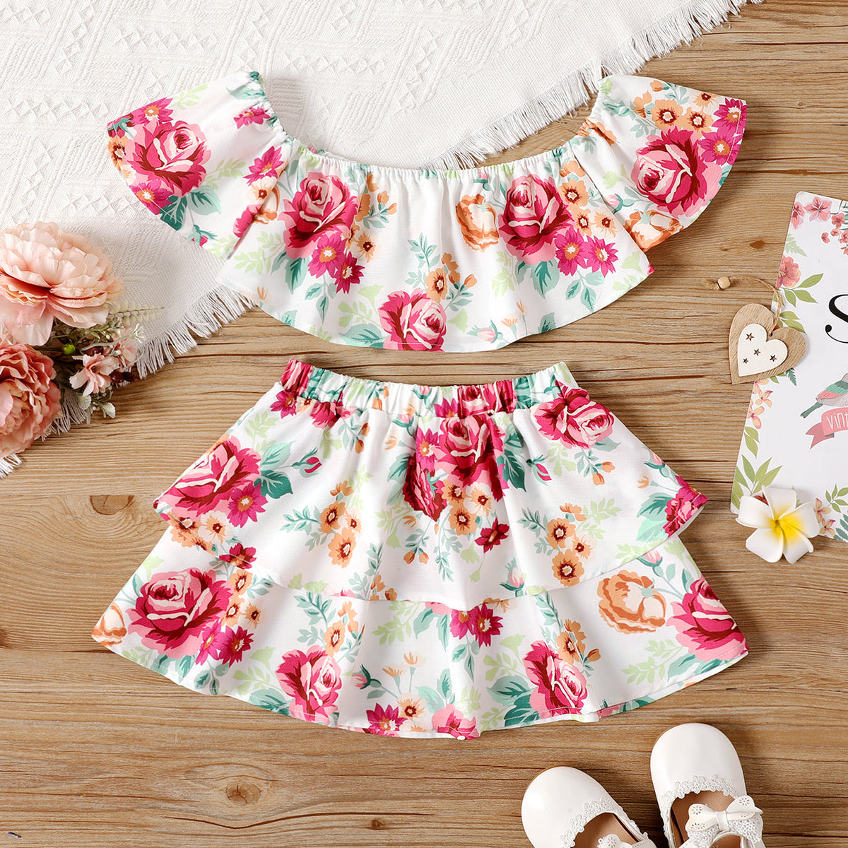 2pcs Toddler Girl Floral Print Off Shoulder Blouse and Layered Skirt Set - 2 Years, Colorful