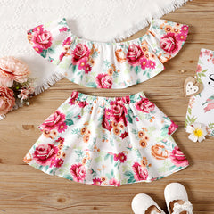 2pcs Toddler Girl Floral Print Off Shoulder Blouse and Layered Skirt Set - 3 Years, Colorful
