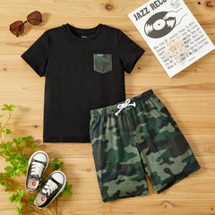 Naia 2pcs Toddler/Kid Boy Pocket Design Short-sleeve Tee and Camouflage Print Shorts Set - Black, 4-5 Years