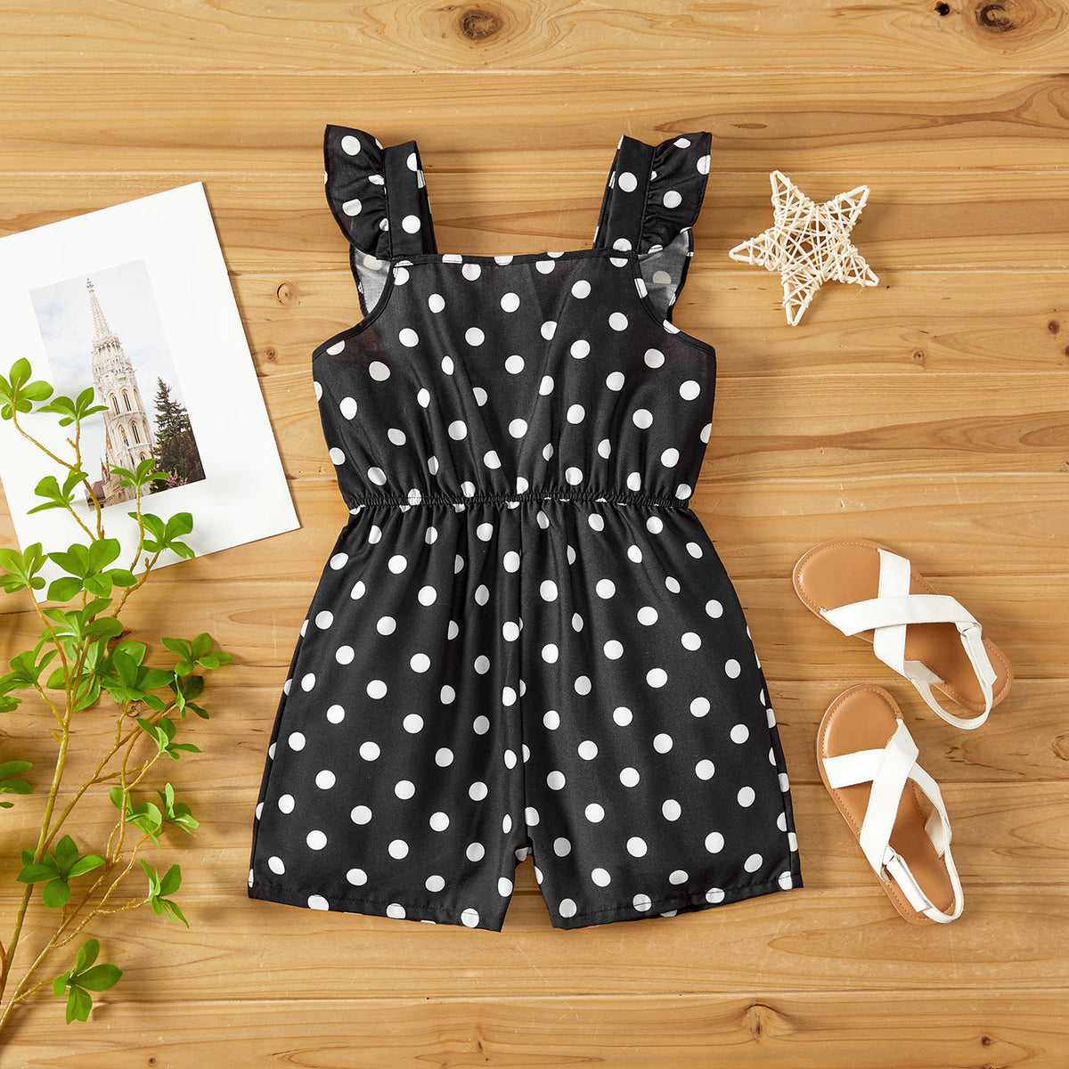 Toddler/Kid Girl Polka dots Ruffled Strap Rompers - Black, 3-4 Years