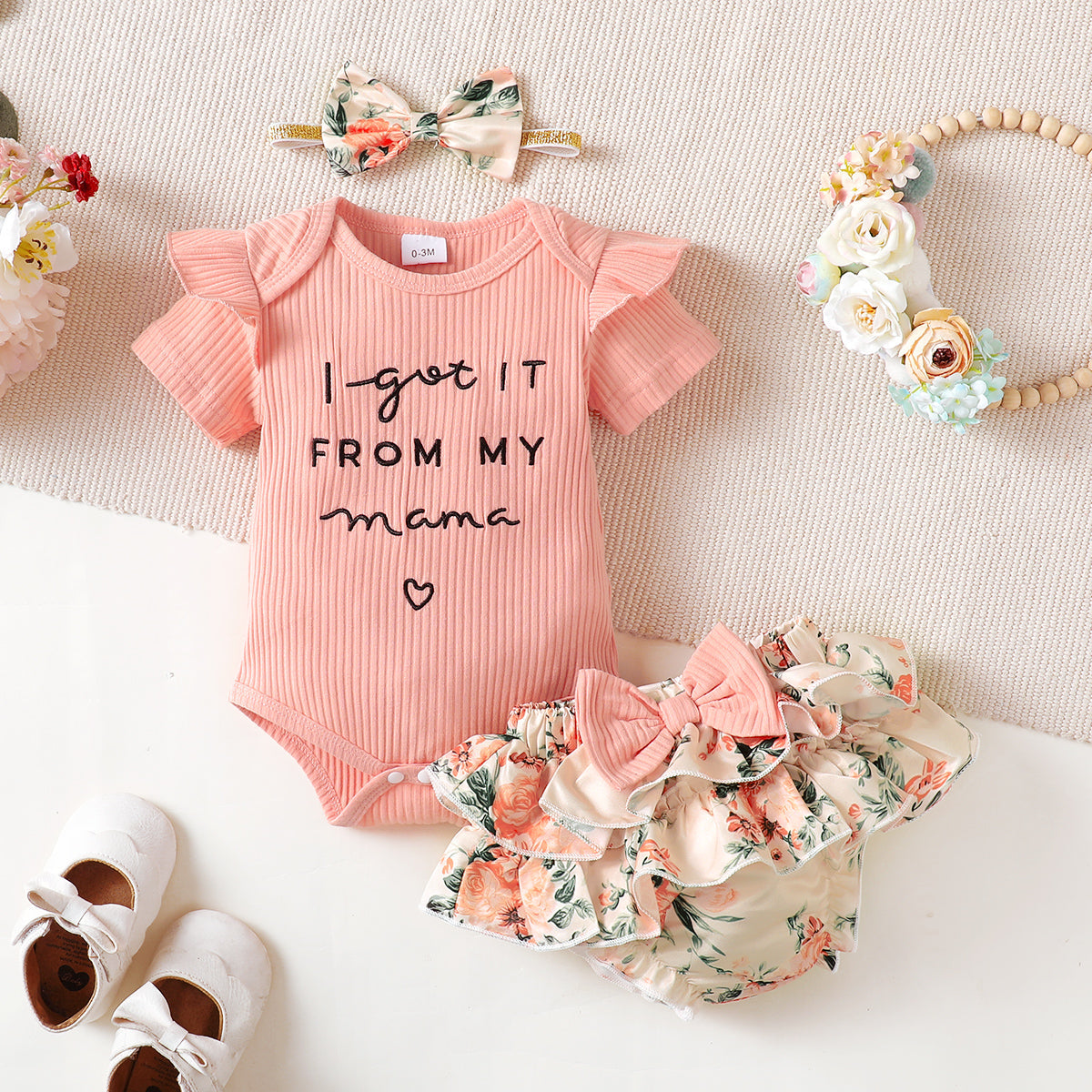 3pcs Baby Girl 95% Cotton Ribbed Ruffle Short-sleeve Letter Embroidery Romper and Floral Print Layered Shorts with Headband Set - Pink, 6-9 Months