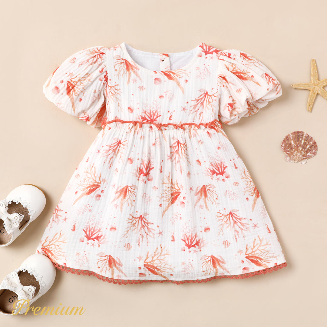 Baby Girl 100% Cotton Allover Coral Print Puff-sleeve Dress - Pink, 12-18 Months