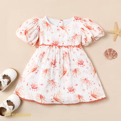 Baby Girl 100% Cotton Allover Coral Print Puff-sleeve Dress - Pink, 12-18 Months