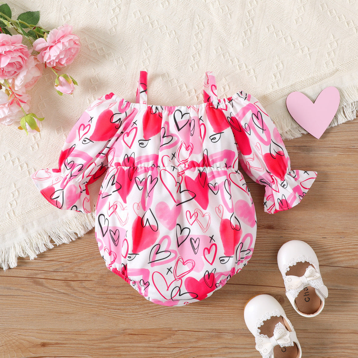 Baby Girl Allover Heart Print Cold Shoulder Long-sleeve Bow Front Romper - 12-18 Months, Pink