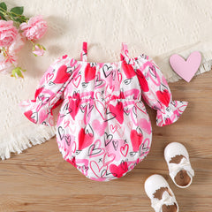 Baby Girl Allover Heart Print Cold Shoulder Long-sleeve Bow Front Romper - 12-18 Months, Pink