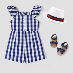 Kid Girl 100% Cotton Allover Gingham Print Ruffled Flutter-sleeve Romper Shorts - Blue, 8-9 Years