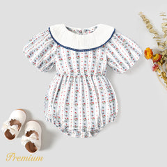 Baby Girl 100% Cotton Allover Floral Print Ruffled Collar Puff-sleeve Romper - Blue, 3-6 Months