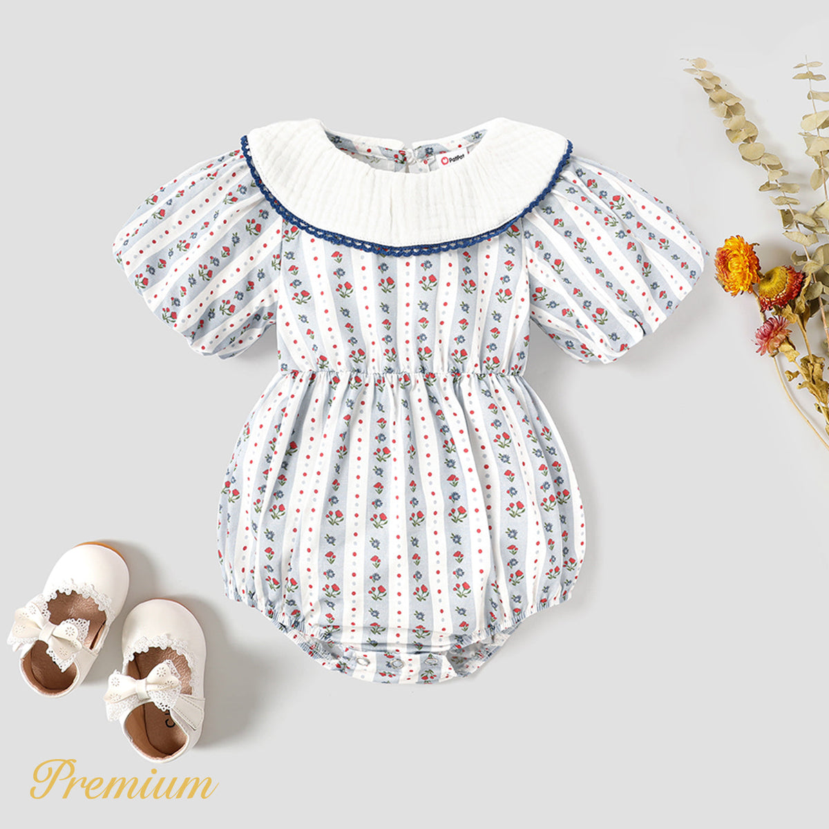 Baby Girl 100% Cotton Allover Floral Print Ruffled Collar Puff-sleeve Romper - Blue, 12-18 Months