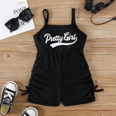 Toddler Girl Letter Print Drawstring Ruched Side Ribbed Cami Romper - Black, 2 Years