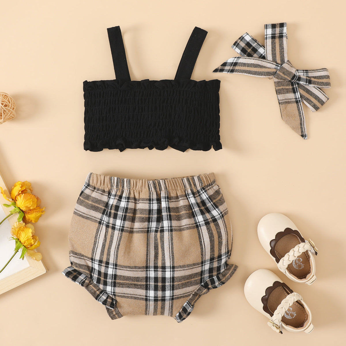 3pcs Baby Girl 100% Cotton Bow Front Cami Top and Plaid Shorts and Bow Headband Set - 6-9 Months, Black