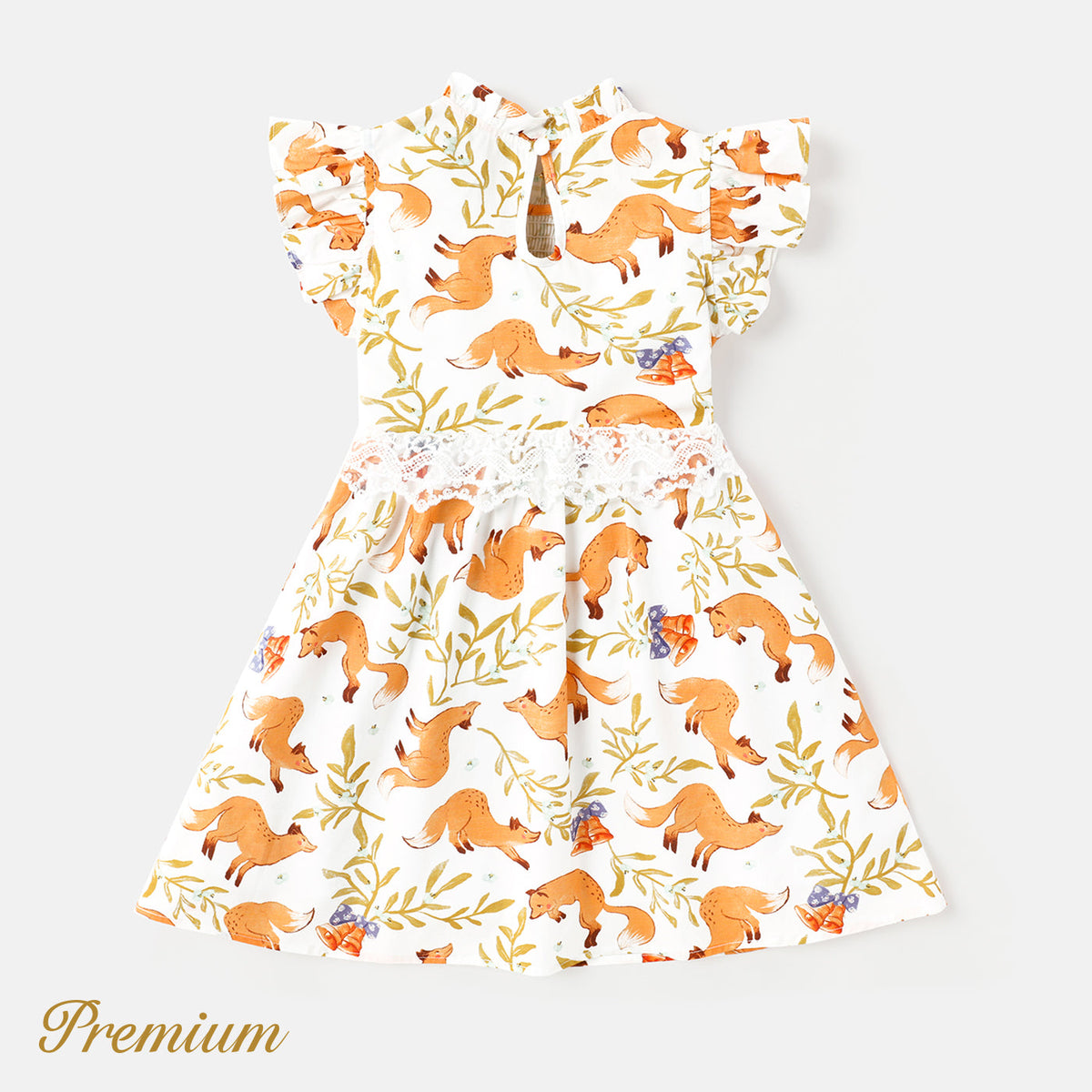 Toddler Girl 100% Cotton Allover Fox Print Flutter-sleeve Lace Detail Shirred Dress - 3 Years, Colorful