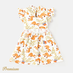 Toddler Girl 100% Cotton Allover Fox Print Flutter-sleeve Lace Detail Shirred Dress - 3-4 Years, Colorful