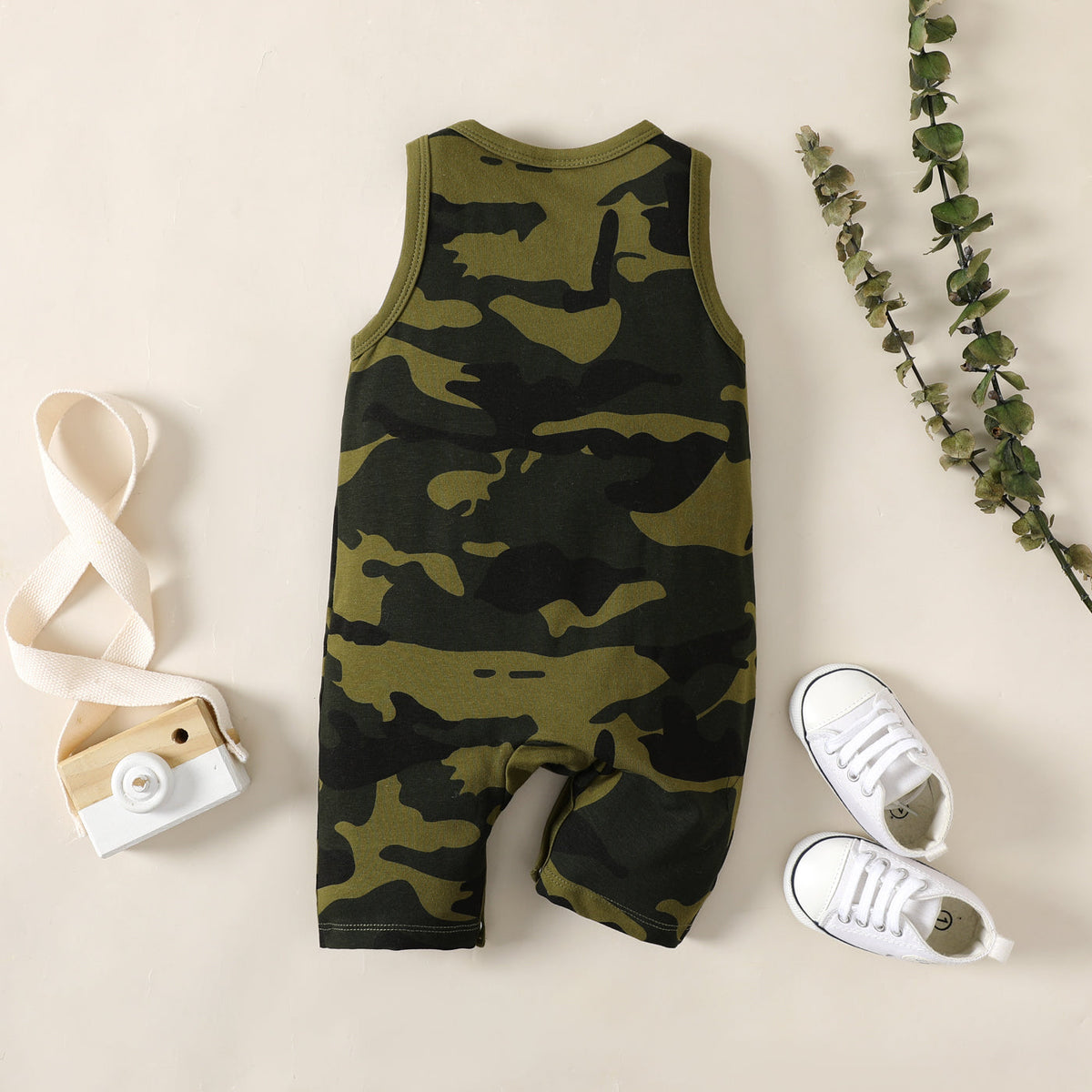 Baby Boy 95% Cotton Letter Print Camouflage Tank Jumpsuit - 6-9 Months, Army green