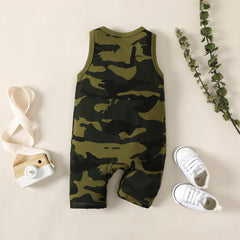 Baby Boy 95% Cotton Letter Print Camouflage Tank Jumpsuit - 6-9 Months, Army green