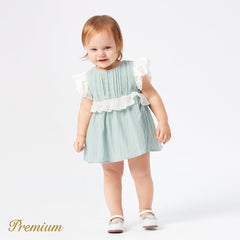 Baby Girl 100% Cotton Contrast Ruffled Flutter-sleeve Textured Romper - 0-3 Months, Light Green