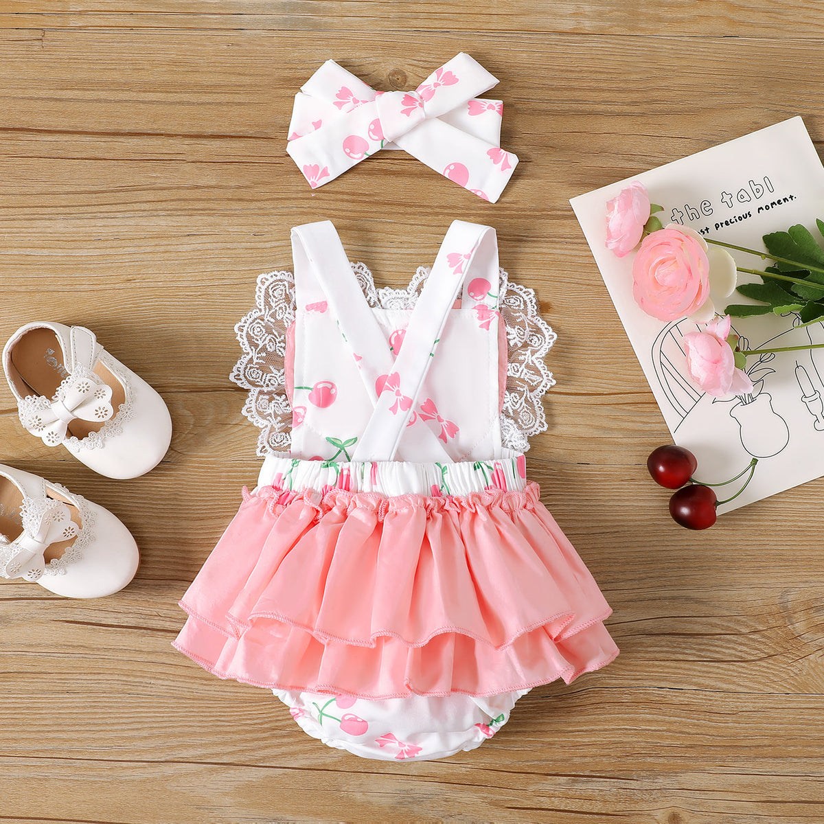 2pcs Baby Girl Heart Embroidered Tank Bodysuit and Headband Set - 6-9 Months, Pink