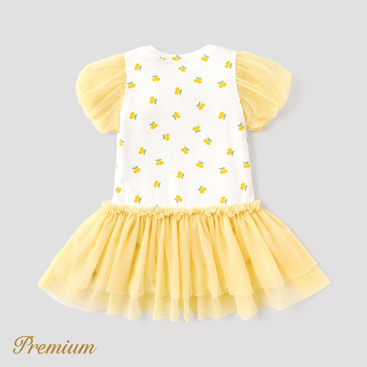 Toddler Girl Cotton Allover Lemon Print Puff-sleeve Spliced Mesh Dress - 5-6 Years, Light/Yellow