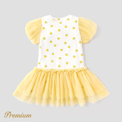 Toddler Girl Cotton Allover Lemon Print Puff-sleeve Spliced Mesh Dress - 5-6 Years, Light/Yellow
