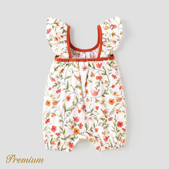 Baby Girl 100% Cotton Floral Print Flutter-sleeve Jumpsuit - 12-18 Months, Creamcolored