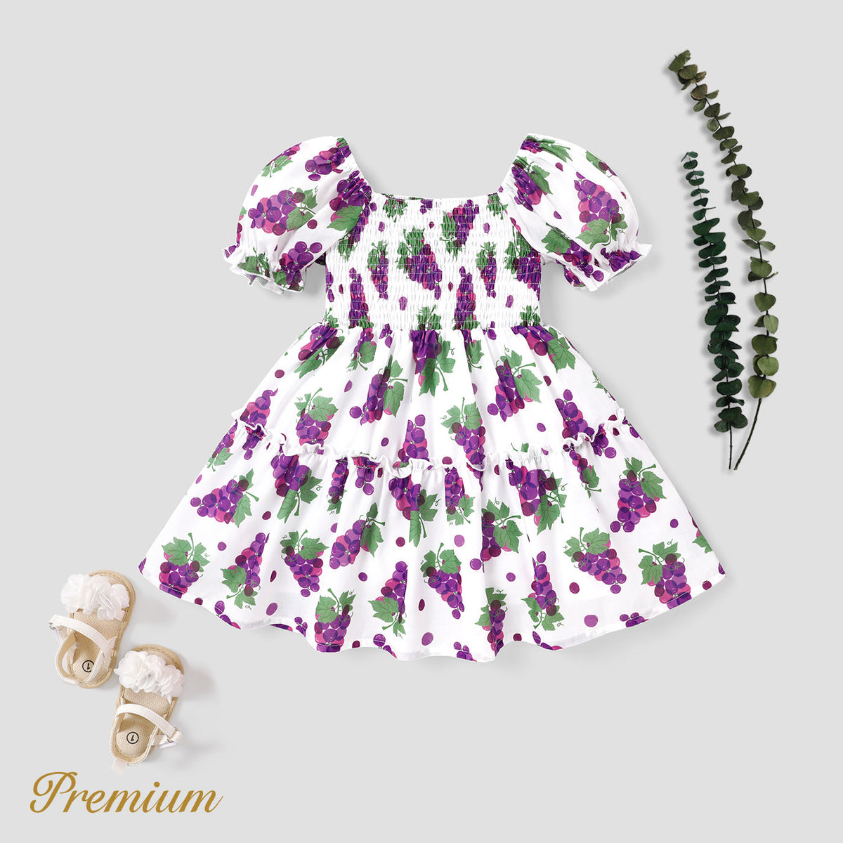 2pcs Kid Girl Grape Embroidered Flutter-sleeve Top and Naia™ Grape Print Skirt Set - 7-8 Years, White