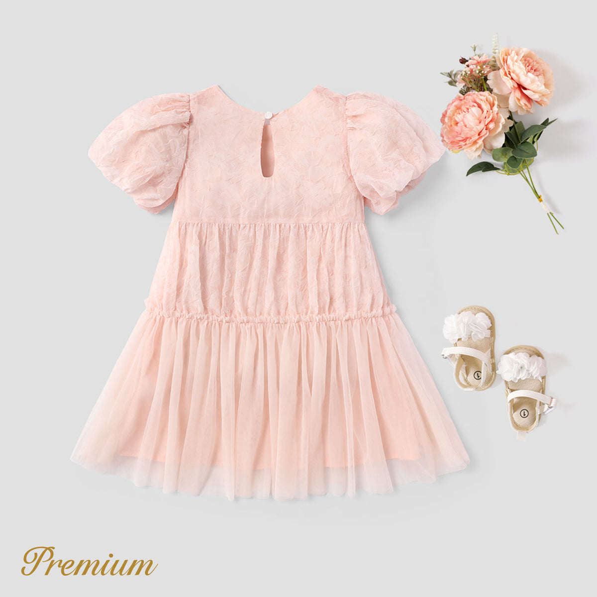 Kid Girl 100% Cotton Solid Textured Splice Mesh Puff-sleeve Dress - Peach Puff, 6-7 Years