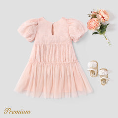 Kid Girl 100% Cotton Solid Textured Splice Mesh Puff-sleeve Dress - Peach Puff, 5-6 Years