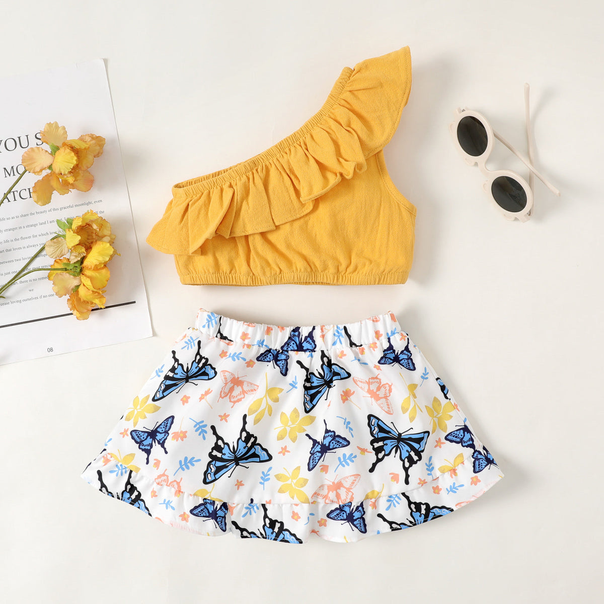 2pcs Baby Girl 100% Cotton Ruffled One-Shoulder Top and Butterfly Print Skirt Set - 3-6 Months, Yellow