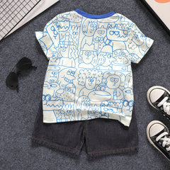 2pcs Toddler Boy Allover Print Tee and Ripped Denim Shorts Set - 2 Years, Black