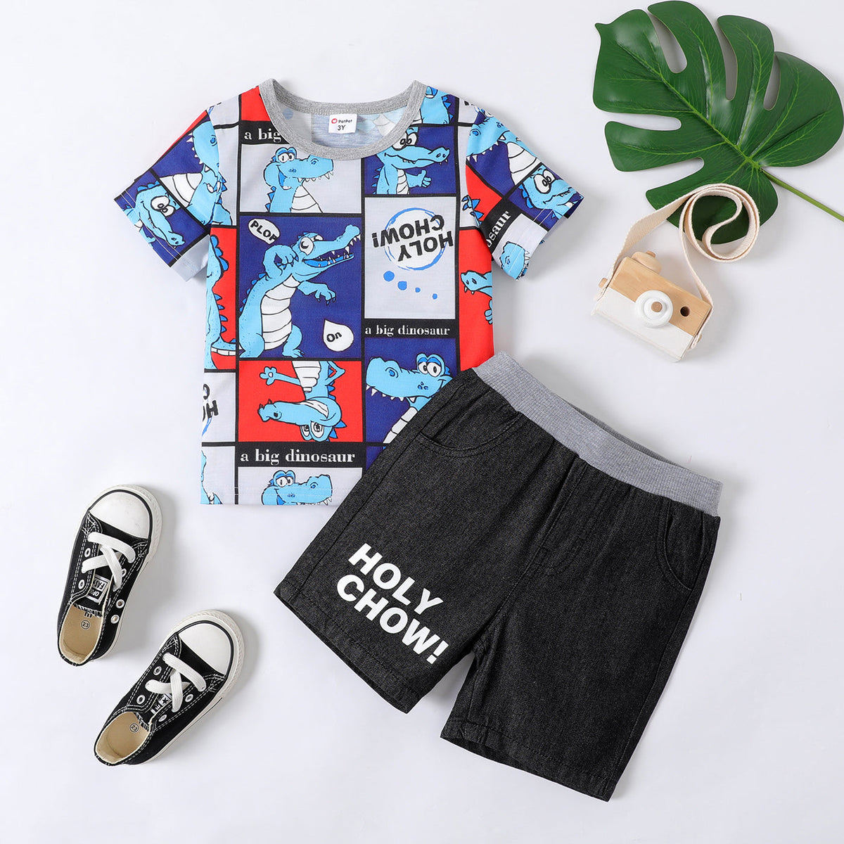 2pcs Toddler Boy Dinosaur Print Short-sleeve Tee and Letter Print Denim Shorts Set - 4-5 Years, ColorBlock