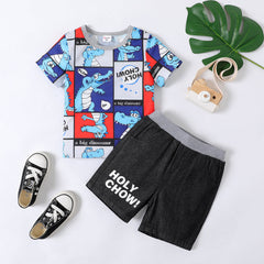 2pcs Toddler Boy Dinosaur Print Short-sleeve Tee and Letter Print Denim Shorts Set - 3-4 Years, ColorBlock